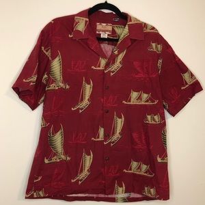 RJC Mens HAWAIIAN SHIRT, made in Hawaii vintage RED with boats. Size Large